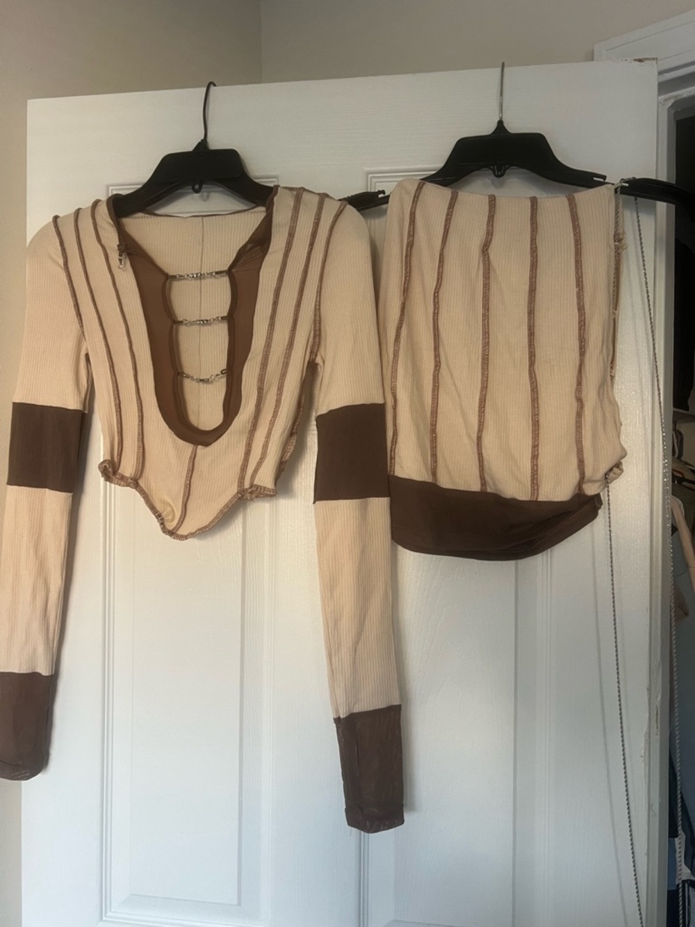 Ribbed Two-Piece Beige & Brown Top Set